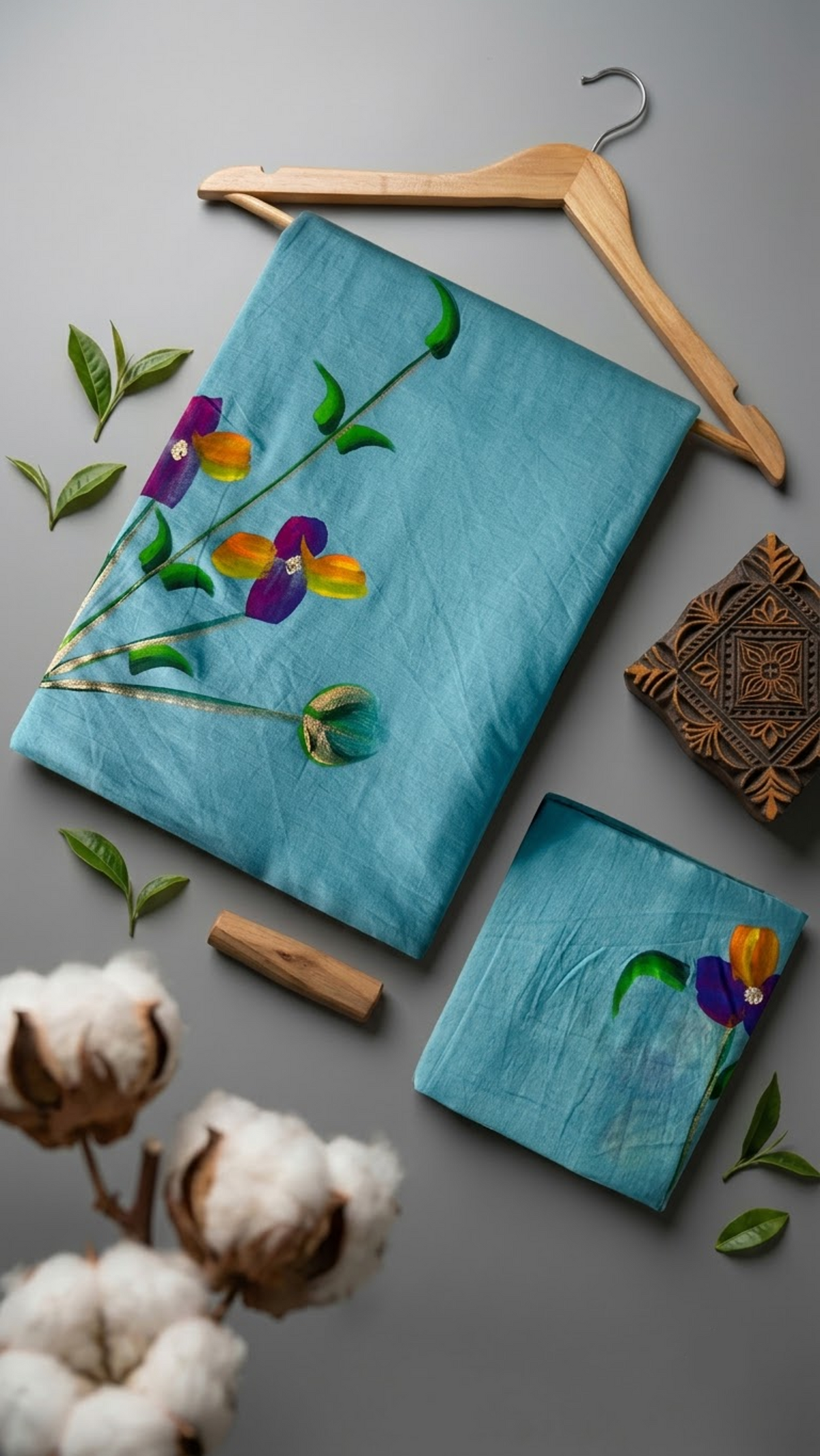 Turquoise cotton saree with purple and orange-yellow flowers, green stems, and a coordinating floral blouse piece, arranged with the blouse piece in a styled flat lay