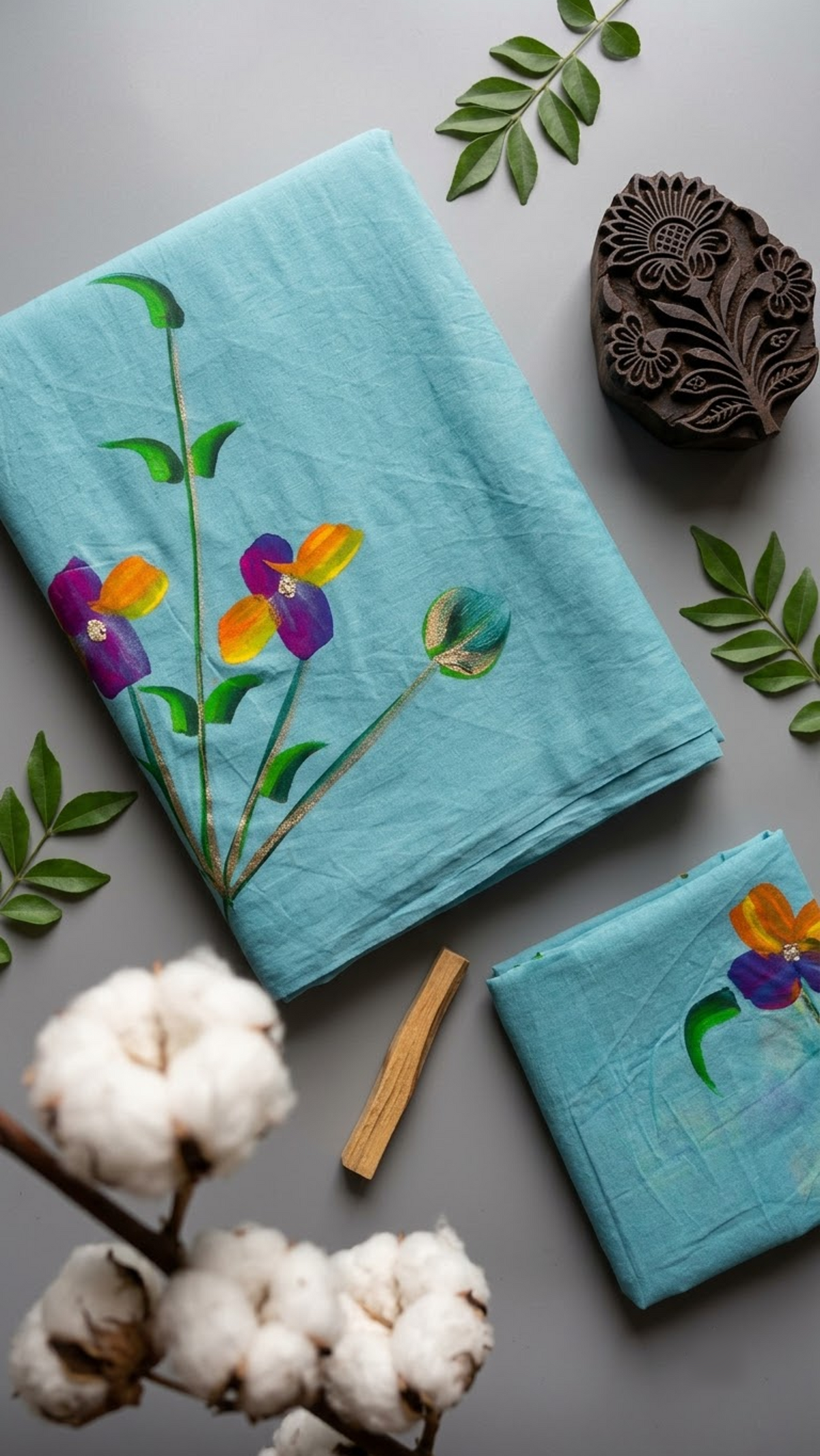 Turquoise cotton saree with purple and orange-yellow flowers, green stems, and a coordinating floral blouse piece, shown with the blouse piece in a close detail view