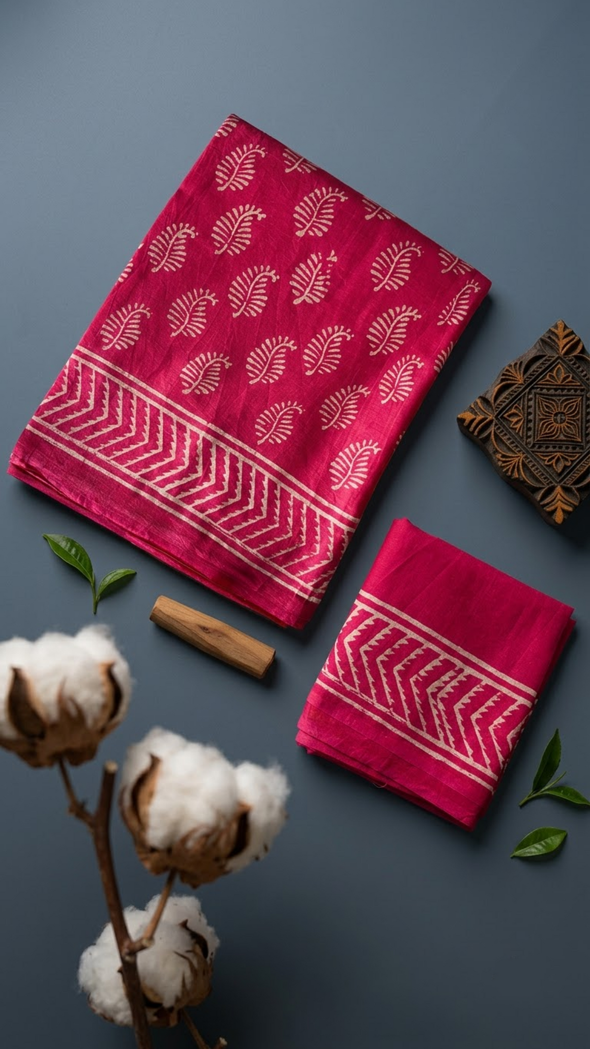 Deep pink cotton saree with ivory leafy sprigs, an ivory chevron border, and a matching bordered blouse piece, shown with the blouse piece in a close detail view