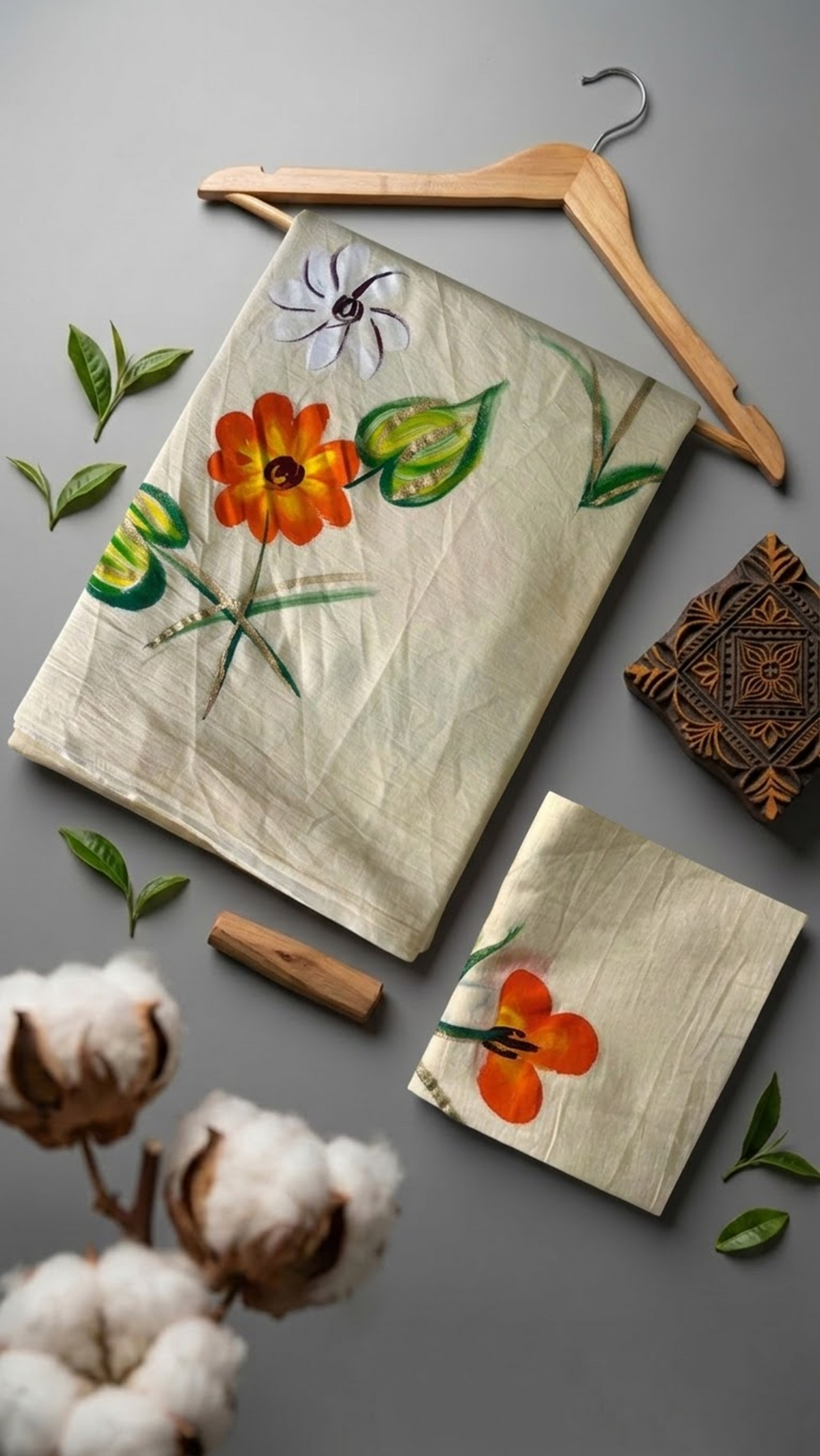 Ivory cotton saree with orange and white flowers, green leaves, and a coordinating orange floral blouse piece, arranged with the blouse piece in a styled flat lay