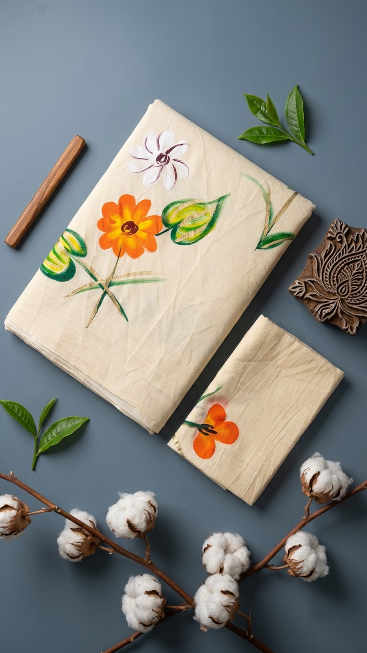 Ivory cotton saree with orange and white flowers, green leaves, and a coordinating orange floral blouse piece, shown with the blouse piece in a close detail view