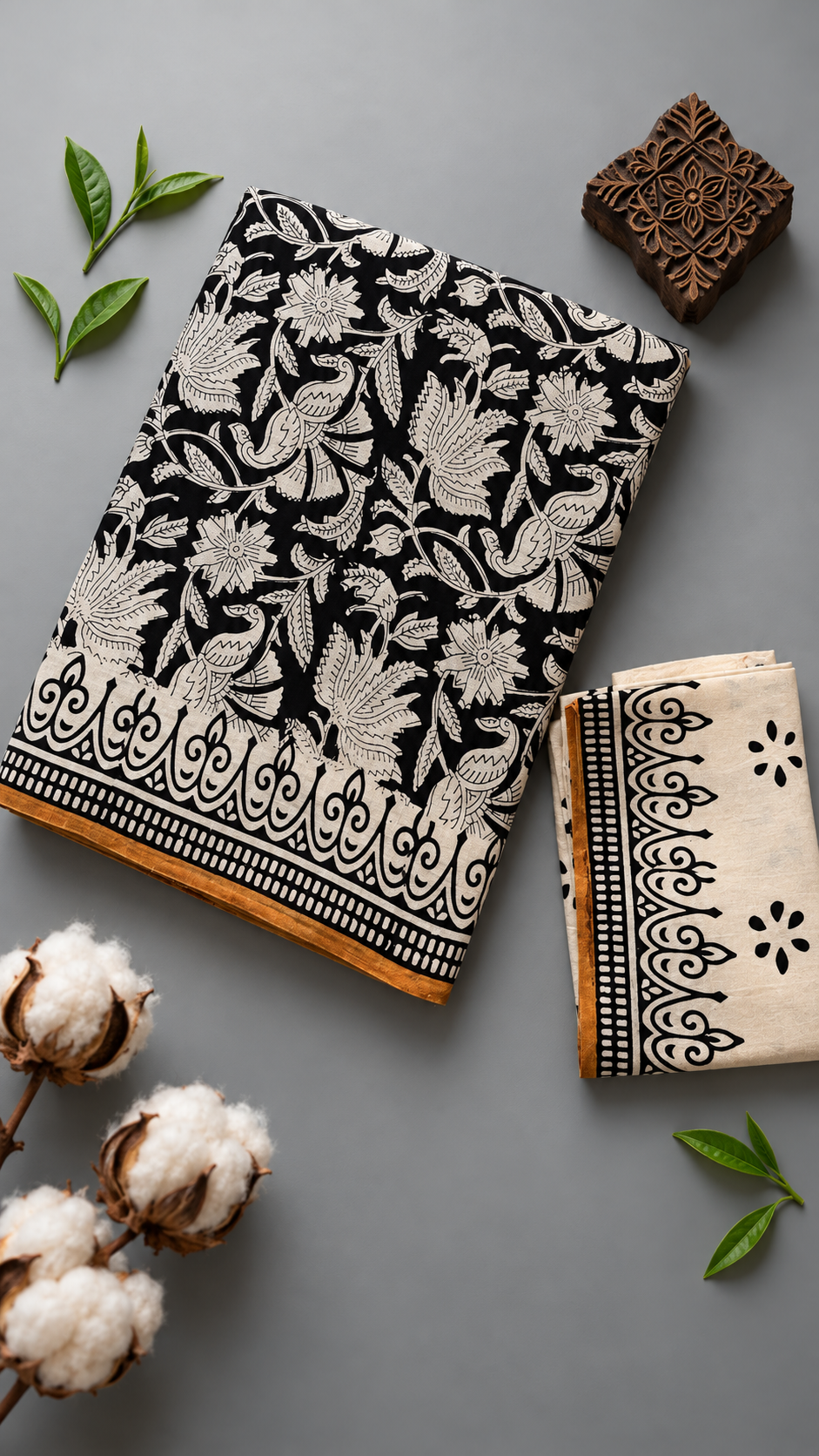 Black bird and floral print cotton saree with an ornamental border and ivory printed blouse piece, arranged in an artisan flat lay