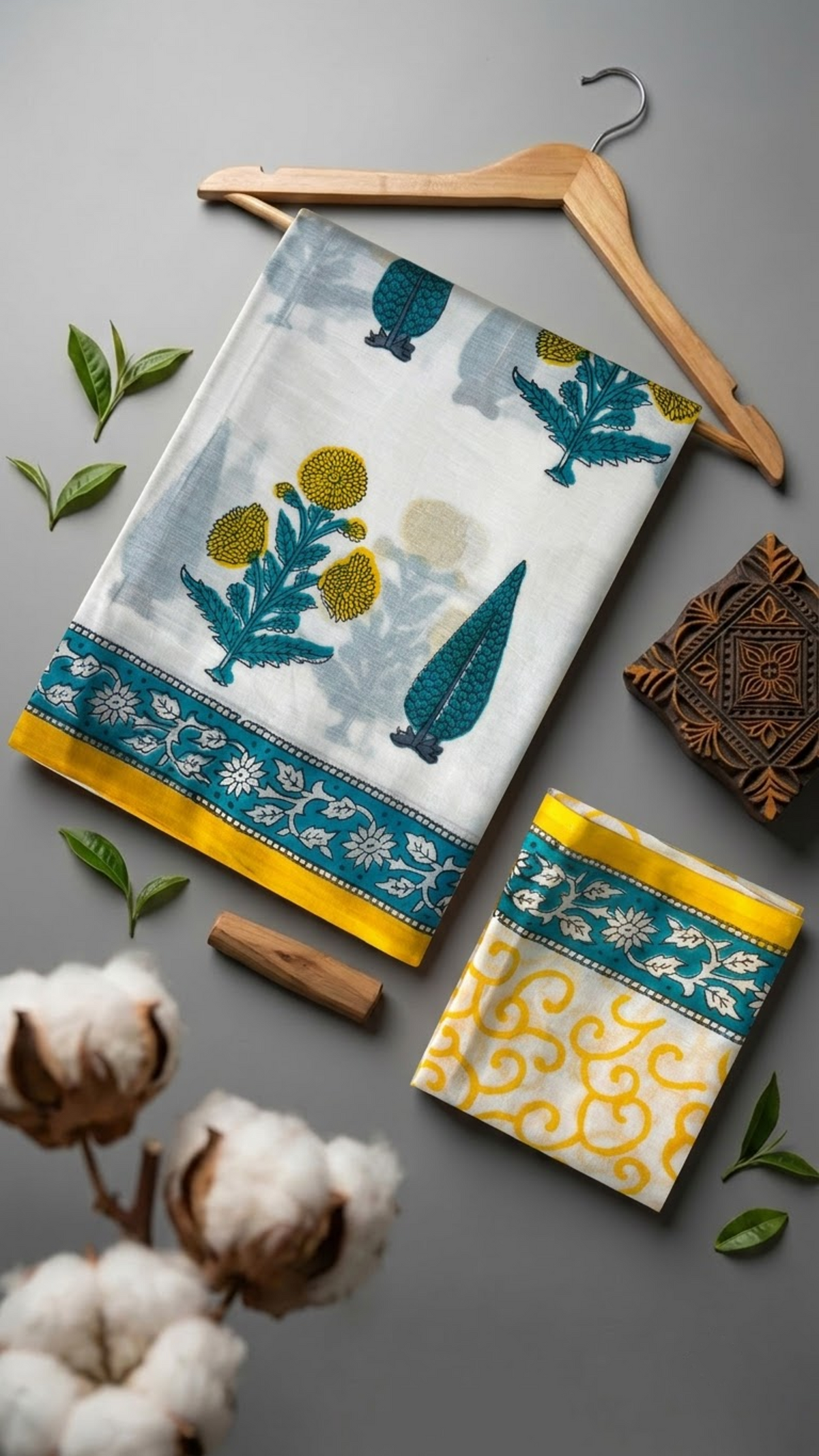 Ivory cotton saree with yellow flower clusters and teal foliage, a teal floral border with yellow edging, and an ivory yellow scroll-print blouse piece, arranged with the blouse piece in a styled flat lay