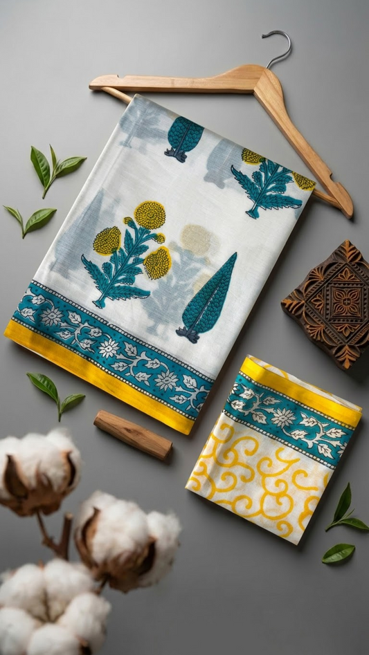 Ivory cotton saree with yellow flower clusters and teal foliage, a teal floral border with yellow edging, and an ivory yellow scroll-print blouse piece, arranged with the blouse piece in a styled flat lay