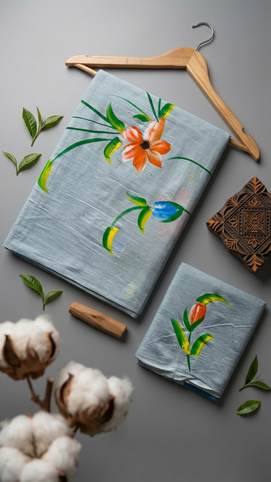 Pale blue cotton saree with an orange flower, blue bud, green stems, and a coordinating orange bud-print blouse piece, arranged with the blouse piece in a styled flat lay
