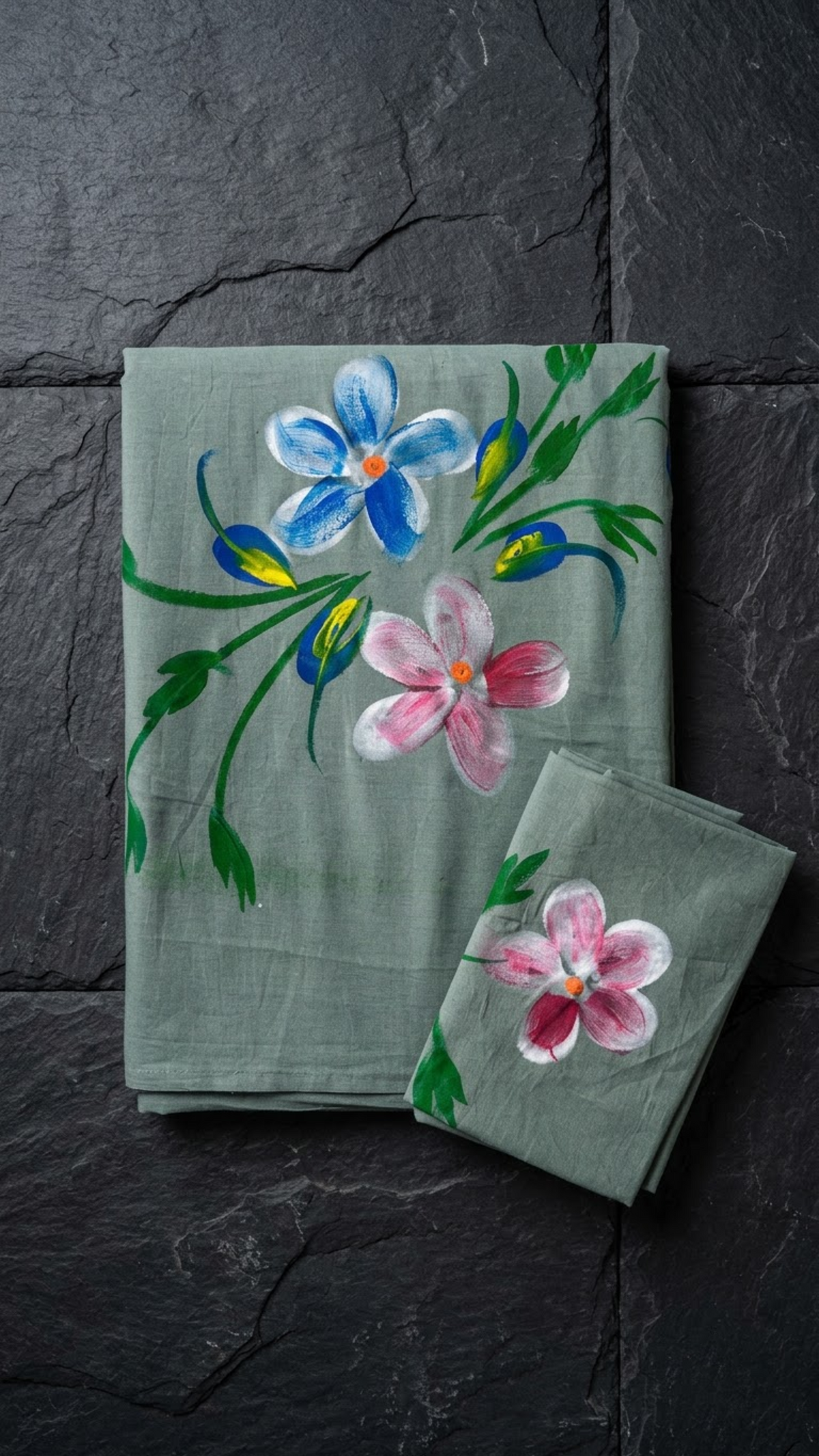 Grey green cotton saree with blue and pink flowers, green foliage, and a coordinating pink floral blouse piece, folded on a charcoal background