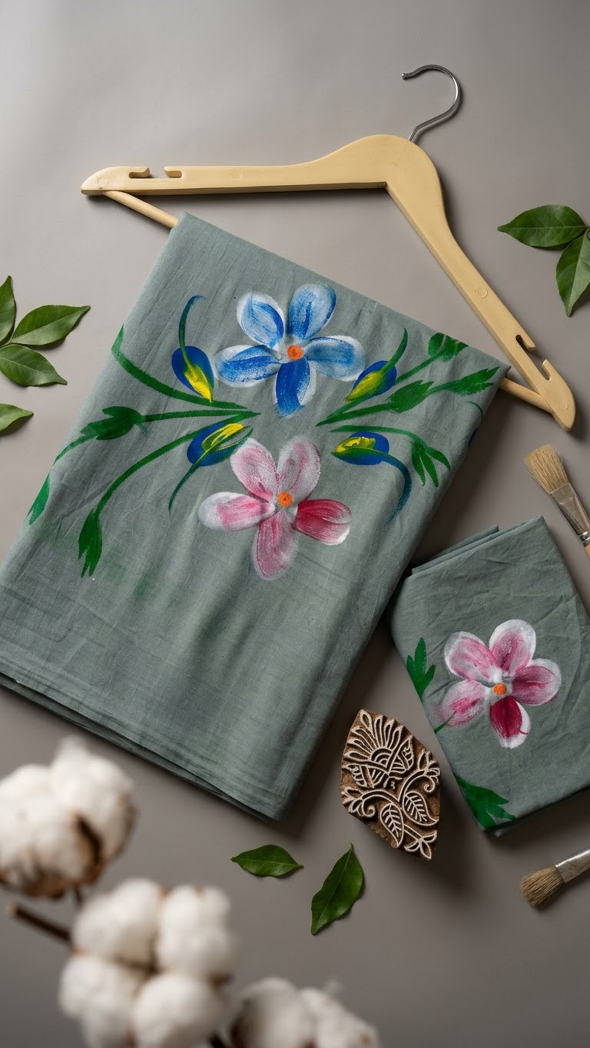 Grey green cotton saree with blue and pink flowers, green foliage, and a coordinating pink floral blouse piece, arranged with the blouse piece in a styled flat lay