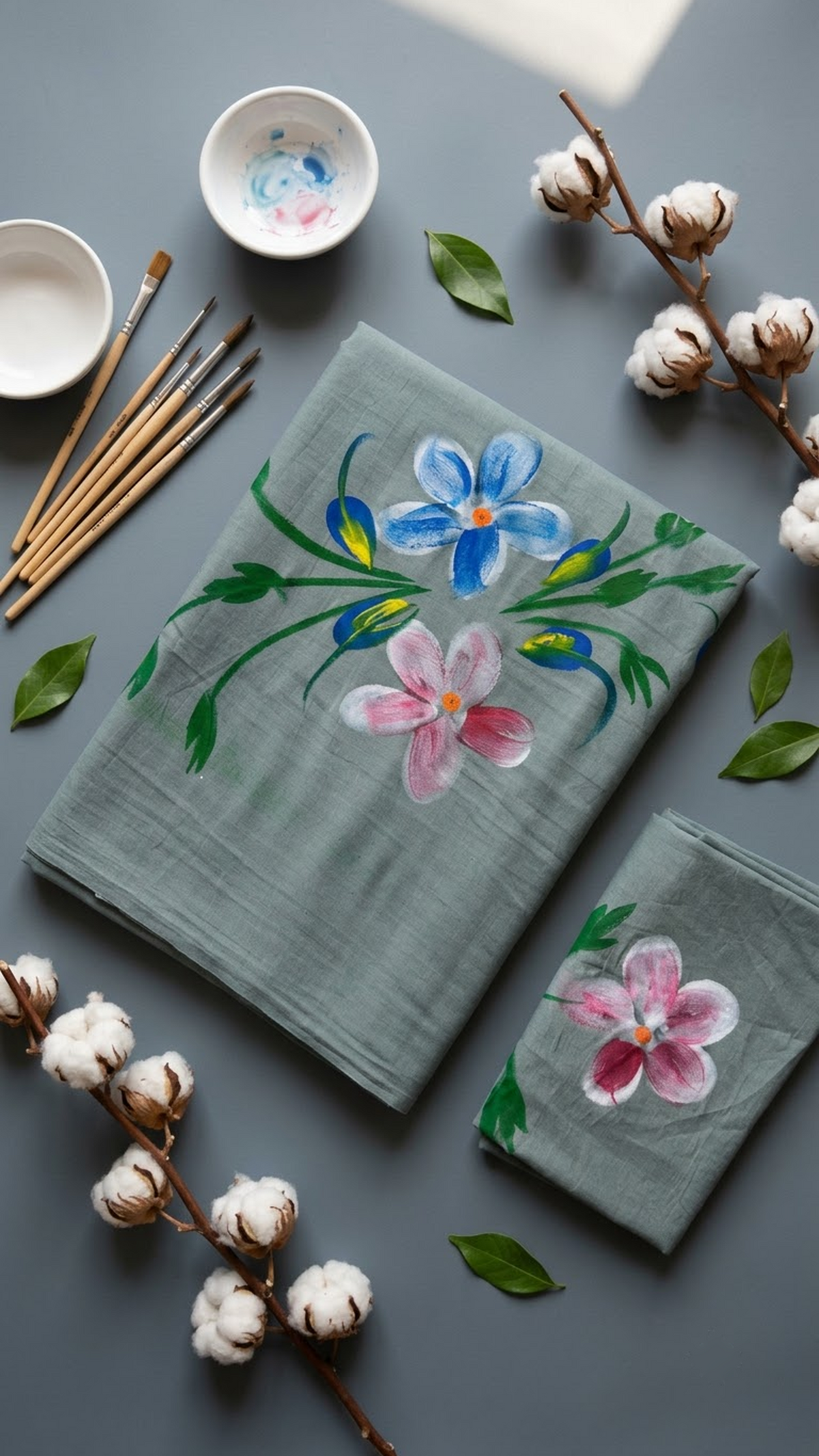 Grey green cotton saree with blue and pink flowers, green foliage, and a coordinating pink floral blouse piece, shown with the blouse piece in a close detail view