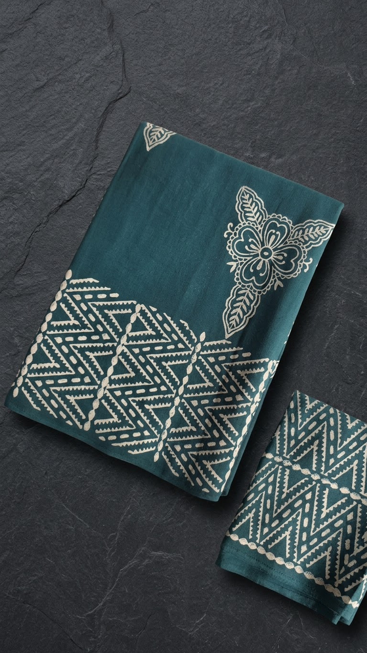 Teal cotton saree with ivory outlined floral motifs, an ivory geometric border, and a teal chevron-print blouse piece, folded on a charcoal background
