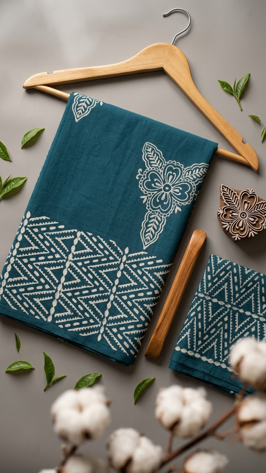 Teal cotton saree with ivory outlined floral motifs, an ivory geometric border, and a teal chevron-print blouse piece, arranged with the blouse piece in a styled flat lay