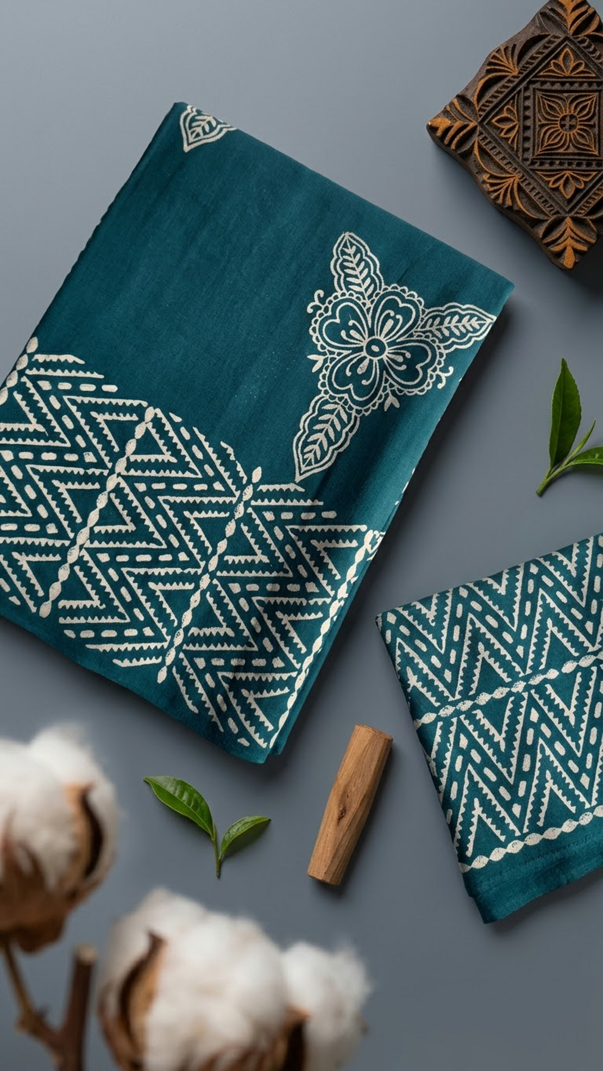 Teal cotton saree with ivory outlined floral motifs, an ivory geometric border, and a teal chevron-print blouse piece, shown with the blouse piece in a close detail view
