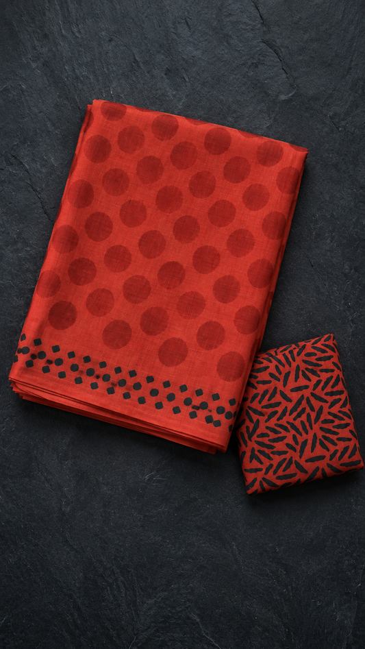 Rust red cotton saree with large tonal red polka dots, a border of small black geometric marks, and a black abstract print blouse piece, folded on a charcoal background