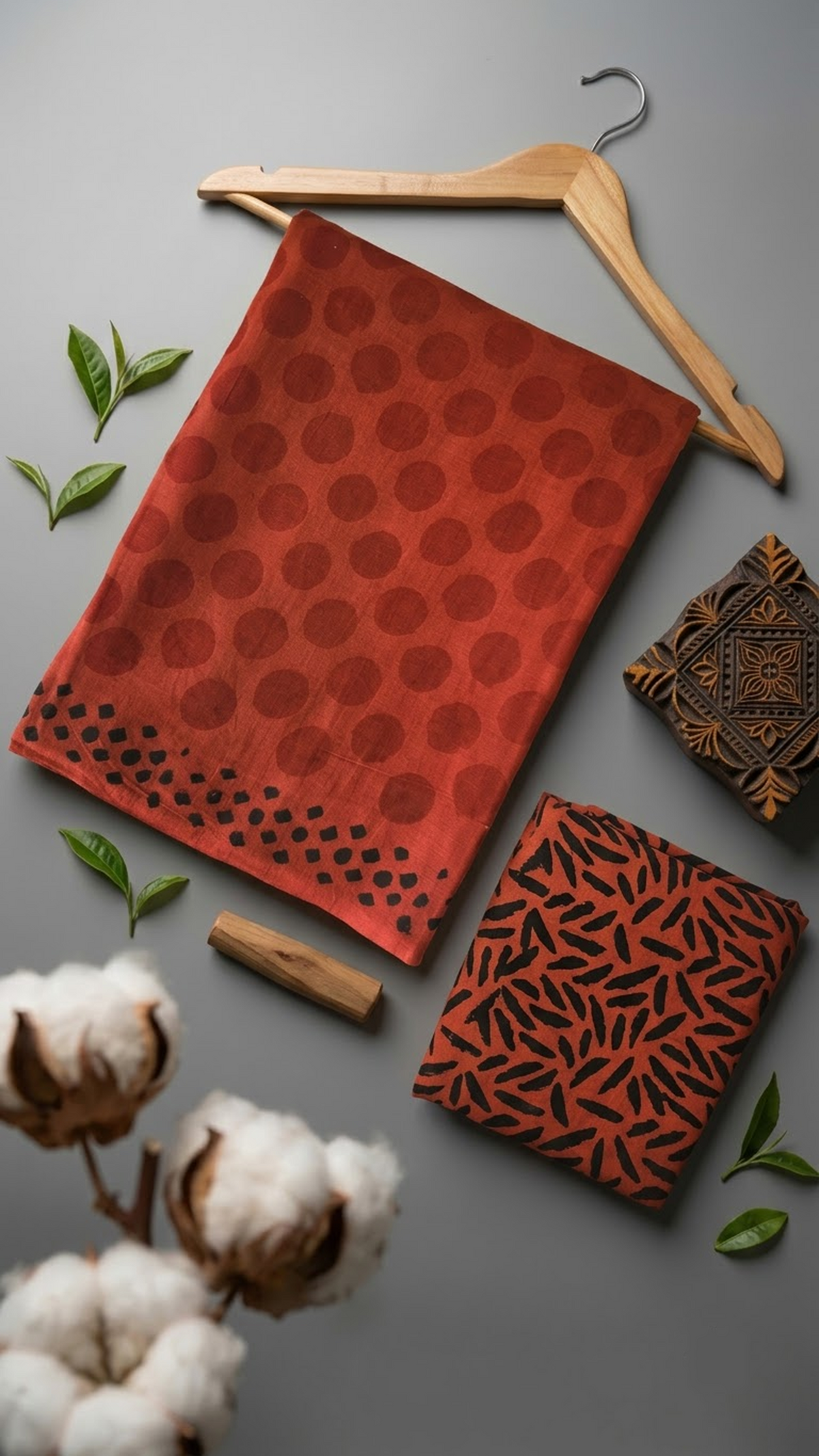 Rust red polka dot cotton saree with black geometric edging and a coordinating black abstract print blouse piece, arranged in an artisan flat lay