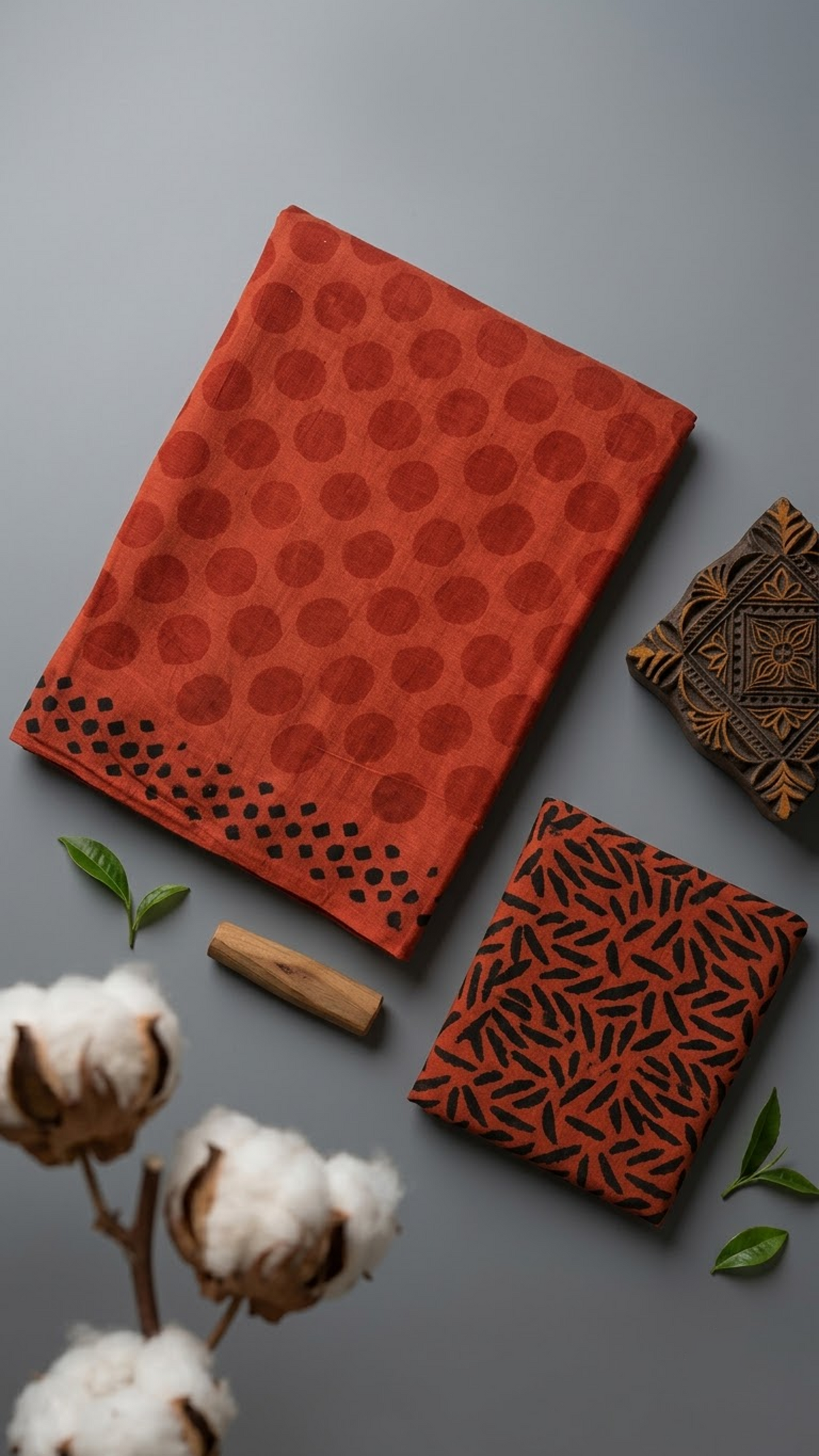 Close detail of tonal red circles and small black geometric border marks on the rust red cotton saree beside its abstract print blouse piece