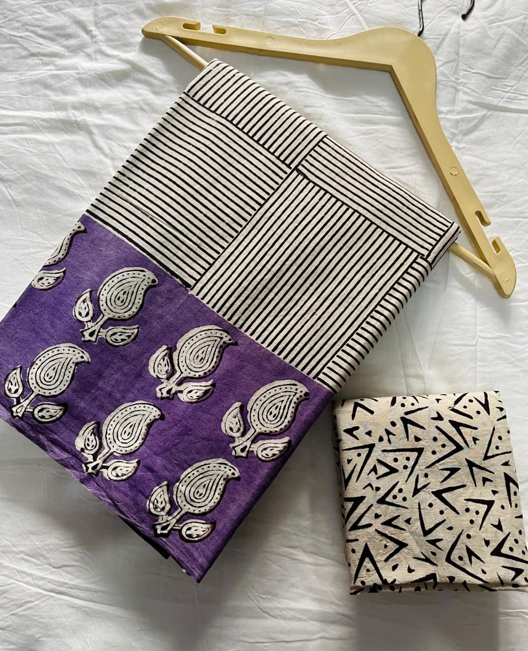 Purple Handblock Printed Cotton Saree with Black & White Striped Pallu