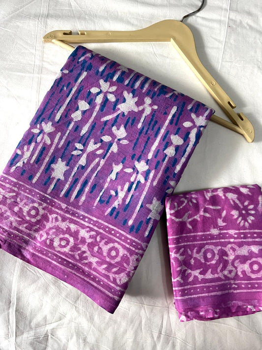 Purple Floral Printed Cotton Mul Saree with Indigo Accents & Traditional Border