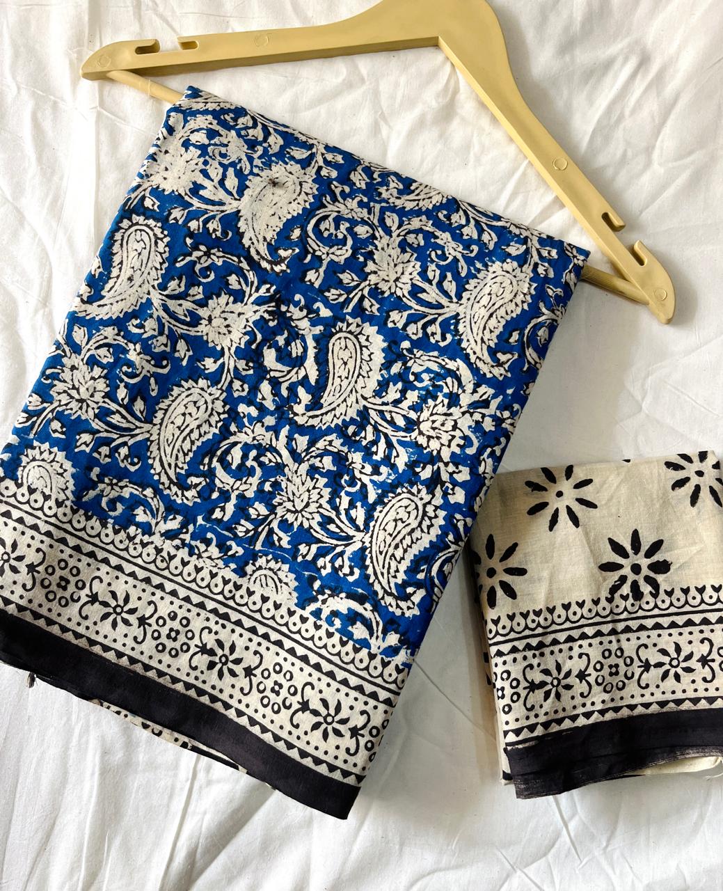 Blue Paisley Handblock Printed Cotton Saree with Ivory Border