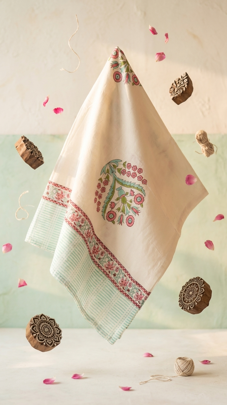 Pink Blossom & Aqua Trellis Block Print Cotton Bedsheet Set styled flat lay with block print stamps and rose petals