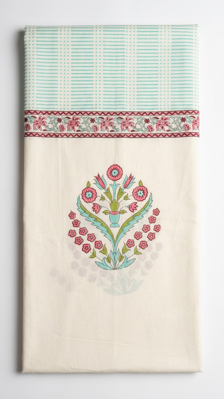 Pink Blossom & Aqua Trellis Block Print Cotton Bedsheet Set folded on white background
