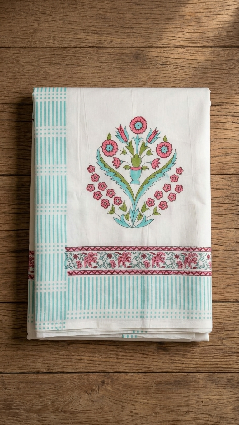 Pink Blossom & Aqua Trellis Block Print Cotton Bedsheet Set folded, showing floral bouquet motif and border