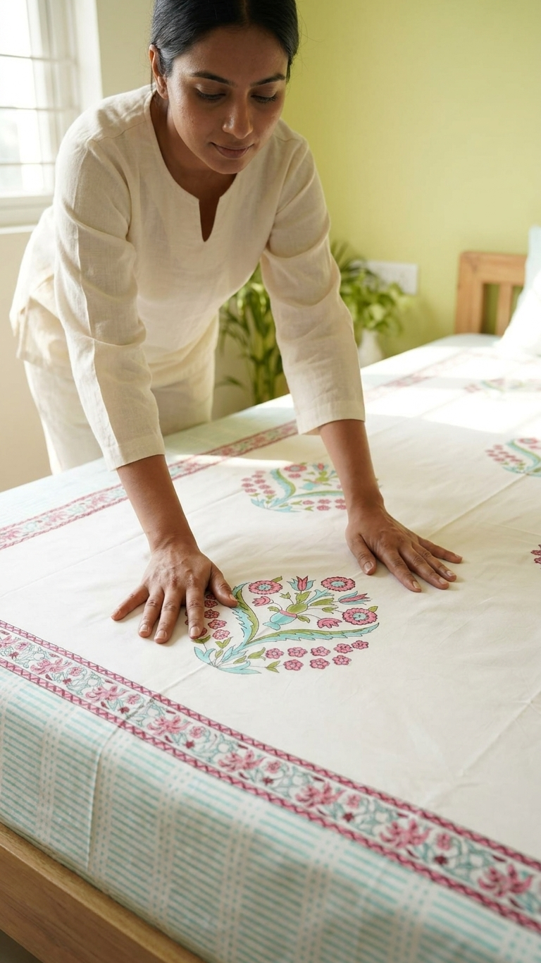 Pink Blossom & Aqua Trellis Block Print Cotton Bedsheet Set styled on a bed