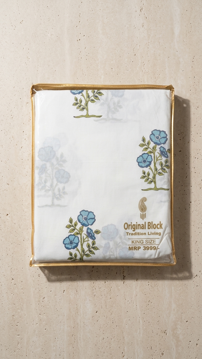 White & Blue Percale Cotton Bedsheet – Crisp & Breathable