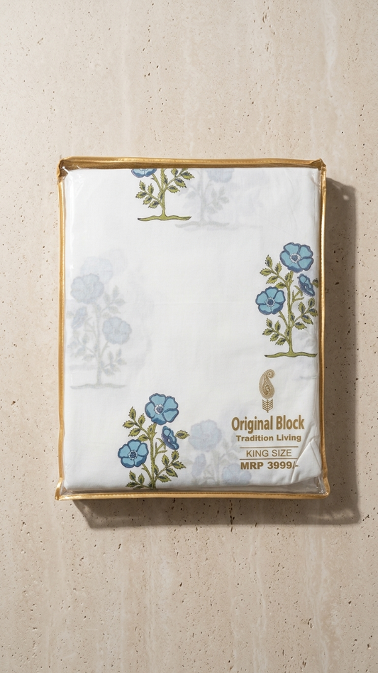 White & Blue Percale Cotton Bedsheet – Crisp & Breathable