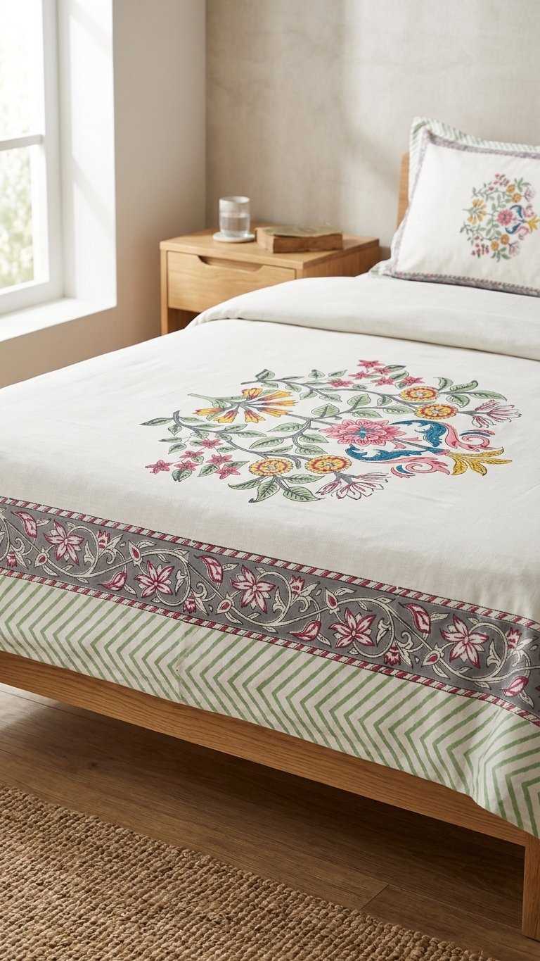 Stuti White Floral Percale Cotton Bedsheet – Crisp & Breathable