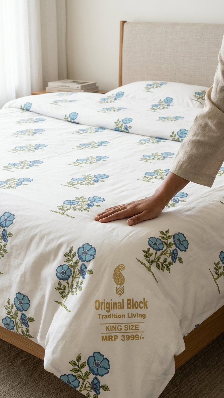 White & Blue Percale Cotton Bedsheet – Crisp & Breathable