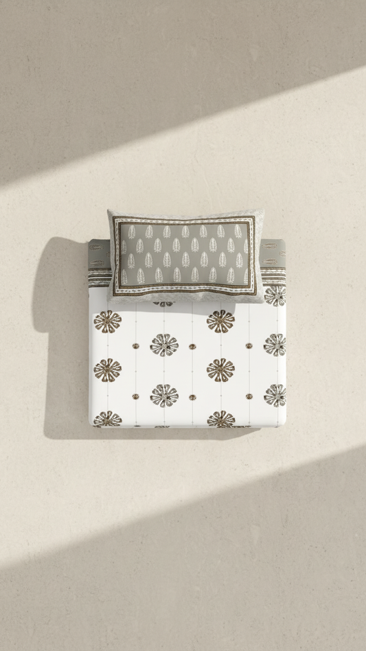 Stuti Grayish Brown on White Bedsheet