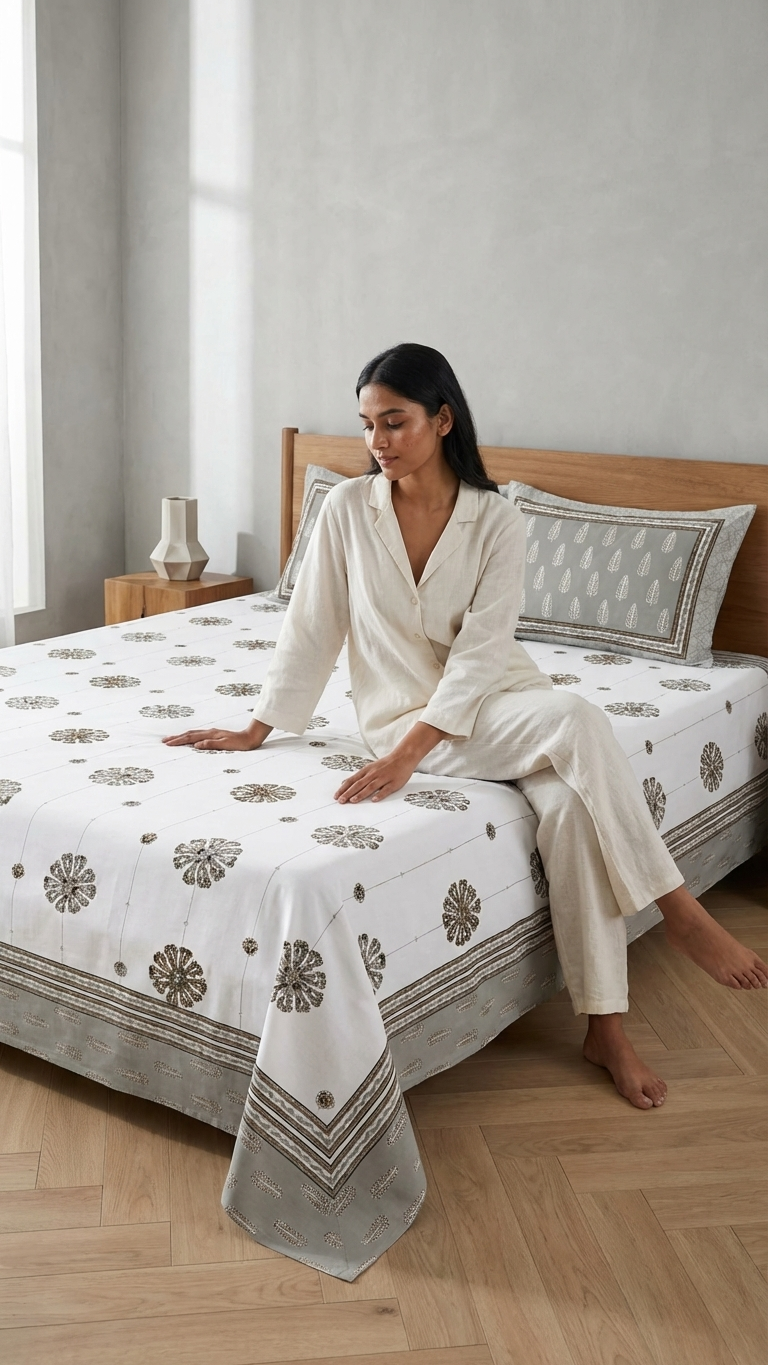 Stuti Grayish Brown on White Bedsheet