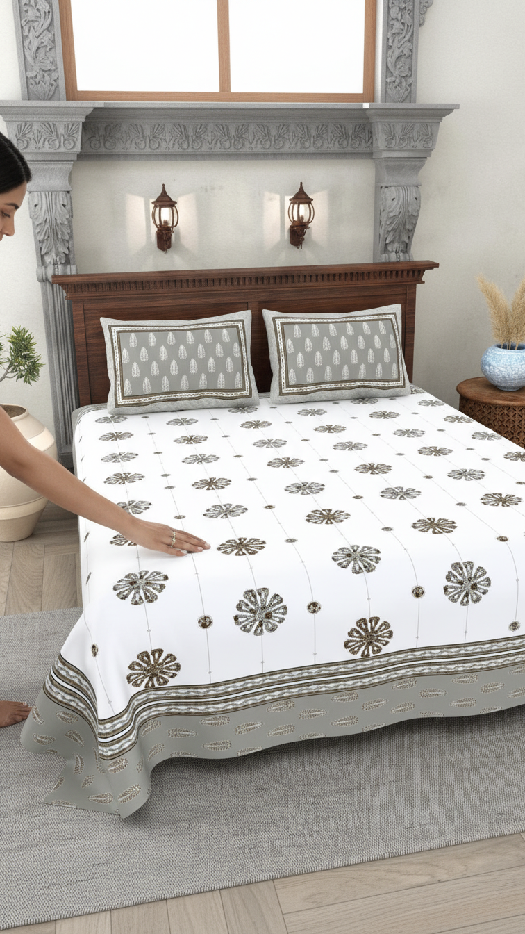 Stuti Grayish Brown on White Bedsheet