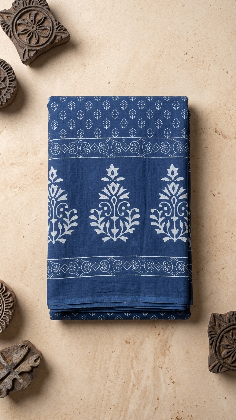 Indigo Hand Block Print Cotton Saree