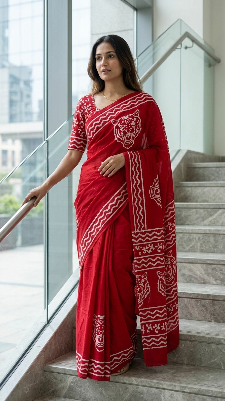 Red Handblock Printed Cotton Saree with White Tiger Motif