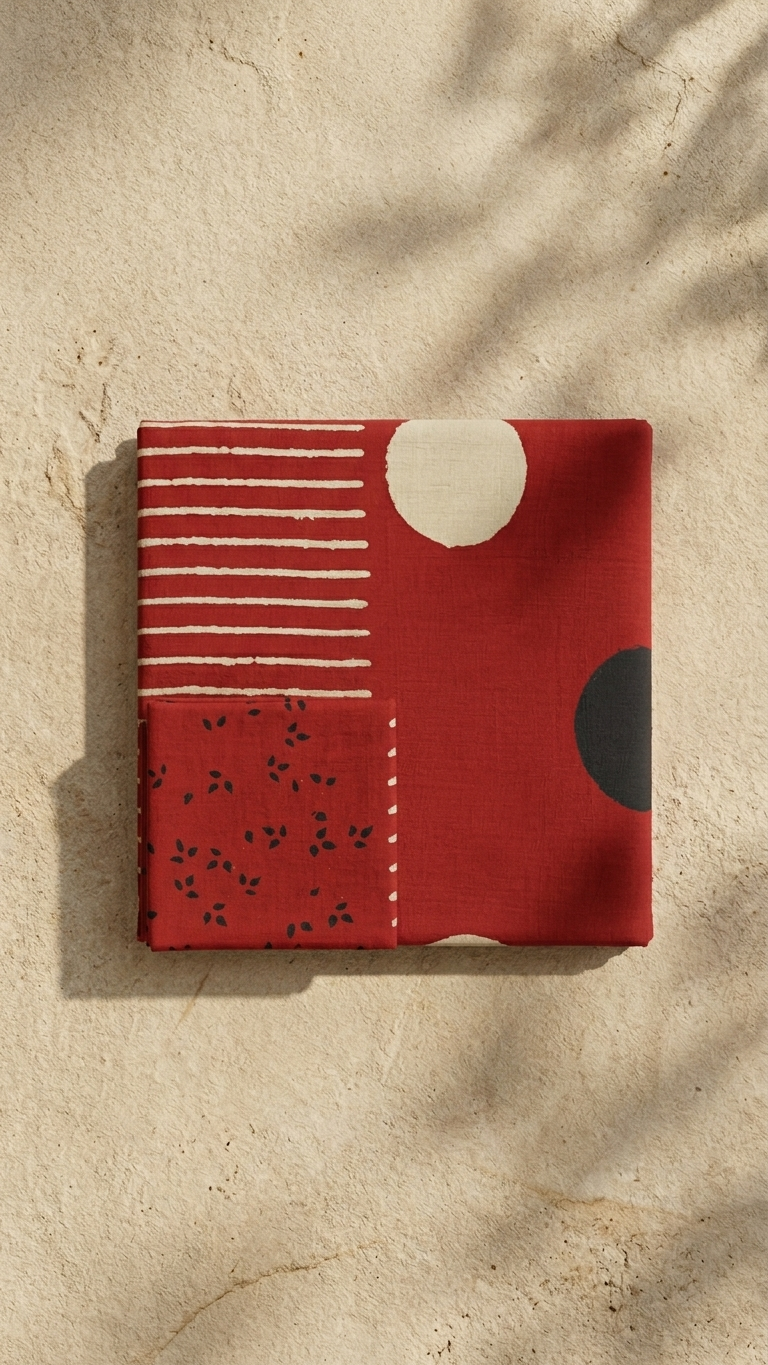 Red Abstract Printed Cotton Saree with Stripe Pallu