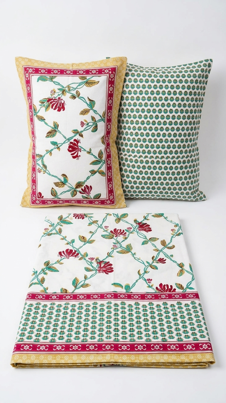 Red & Teal Floral Vine Block Print Cotton Bedsheet Set