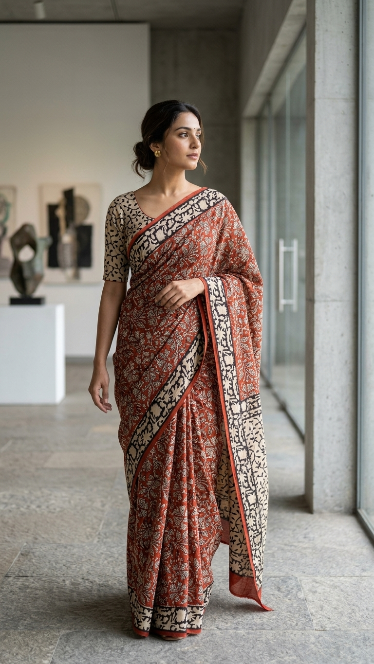 Rust Brown Handblock Printed Cotton Saree with Floral Border