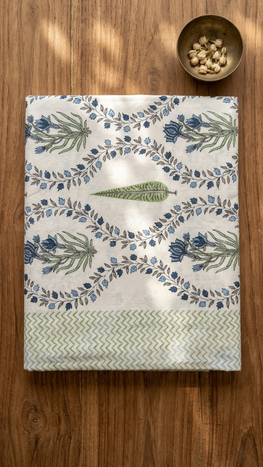 Ivory Blue & Sage Floral Vine Print Cotton Bedsheet Set