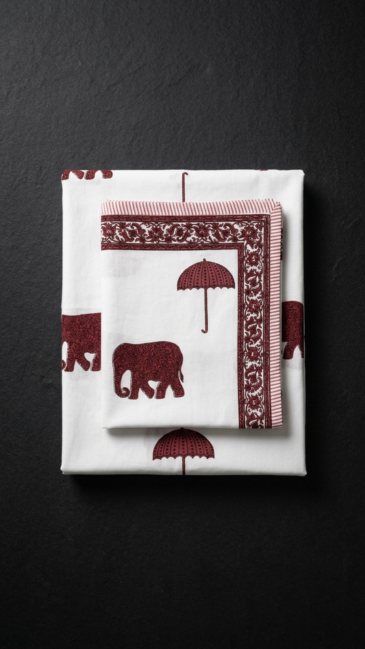 Ivory Red Elephant Bliss Cotton Bedsheet Set