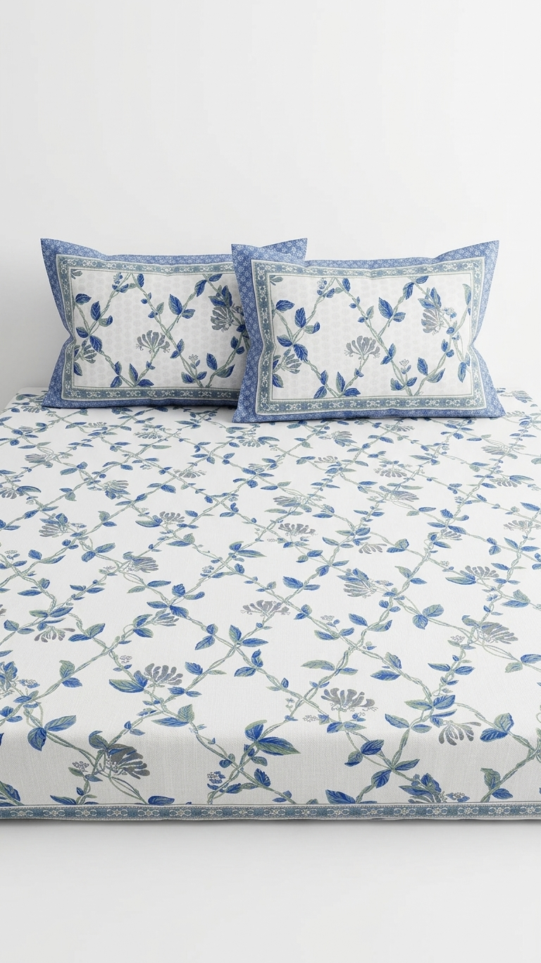 Blue Floral Block Print Bedsheet Set
