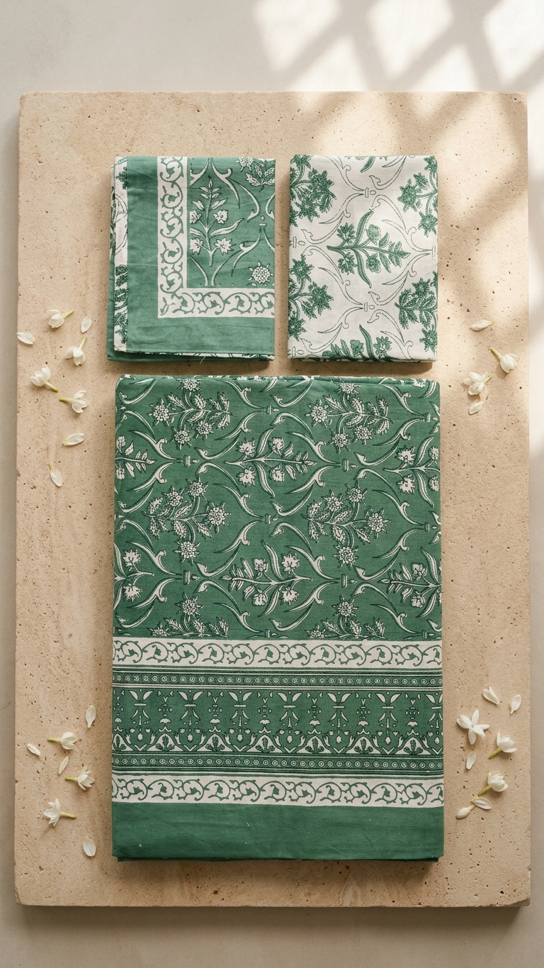 Teal & White Jaal Block Print Cotton Bedsheet Set