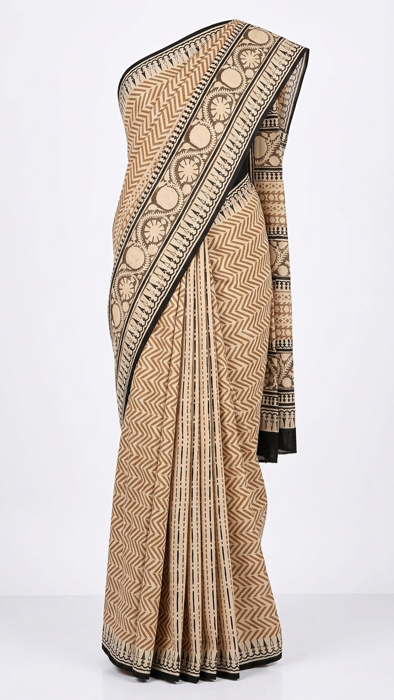 Beige & Black Kota Saree | Chevron Zigzag Block Print with Tribal Pallu & Black Border