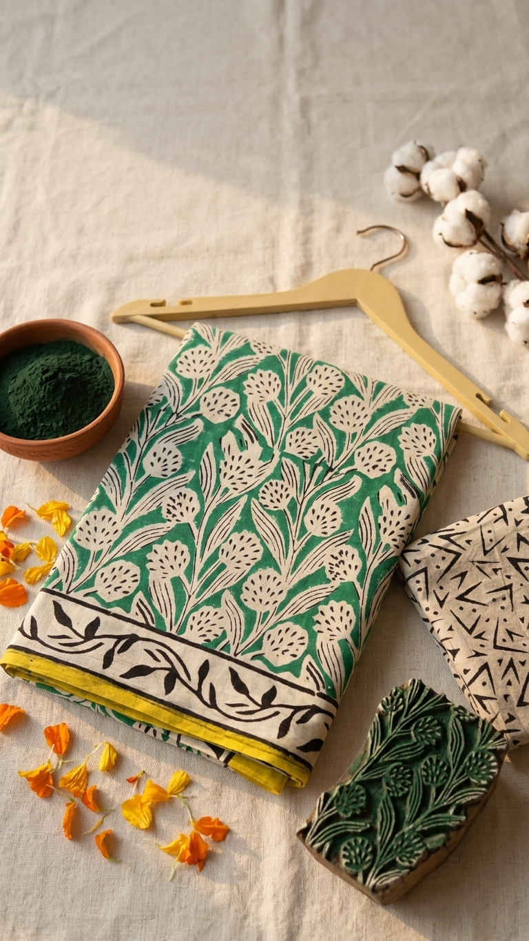 Emerald Green Floral Handblock Printed Cotton Saree with Yellow Border