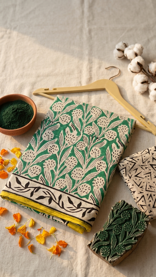 Emerald Green Floral Handblock Printed Cotton Saree with Yellow Border