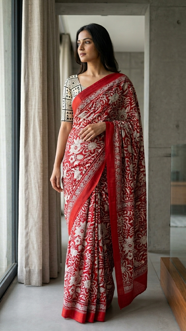 Red Handblock Printed Cotton Saree with Floral Border