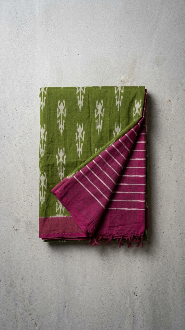 Olive Green Ikat Cotton Saree