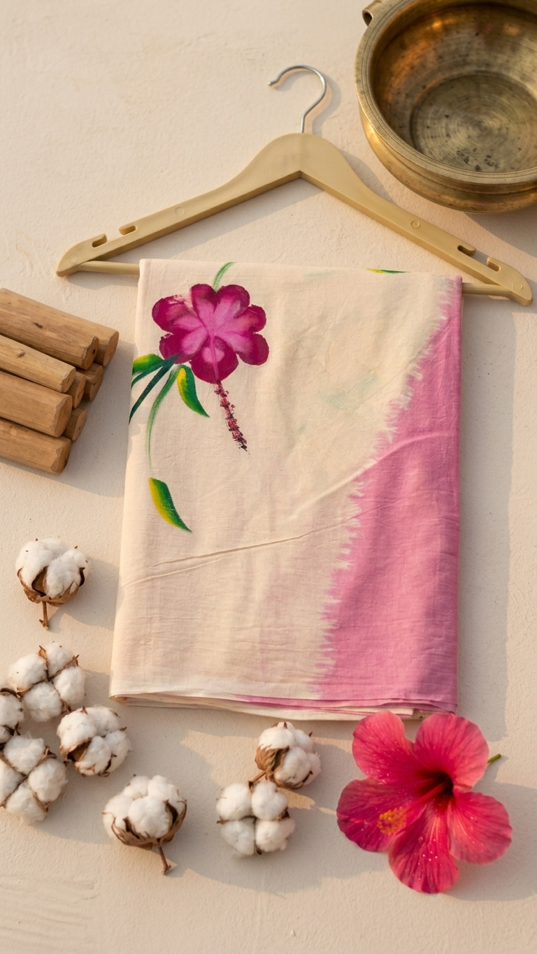 Ivory & Pink Floral Printed Cotton Saree with Contrast Blouse