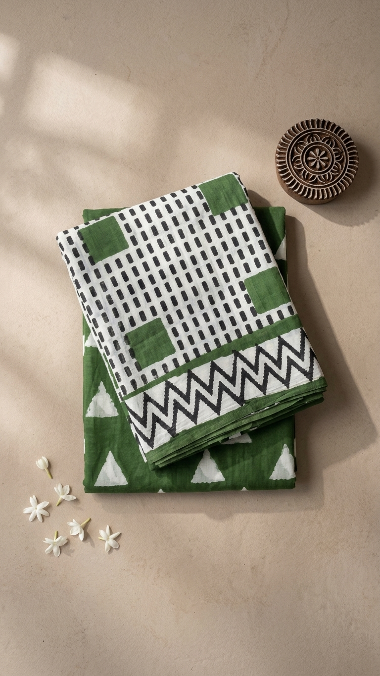 Forest Green Hand Block Printed Cotton Saree
