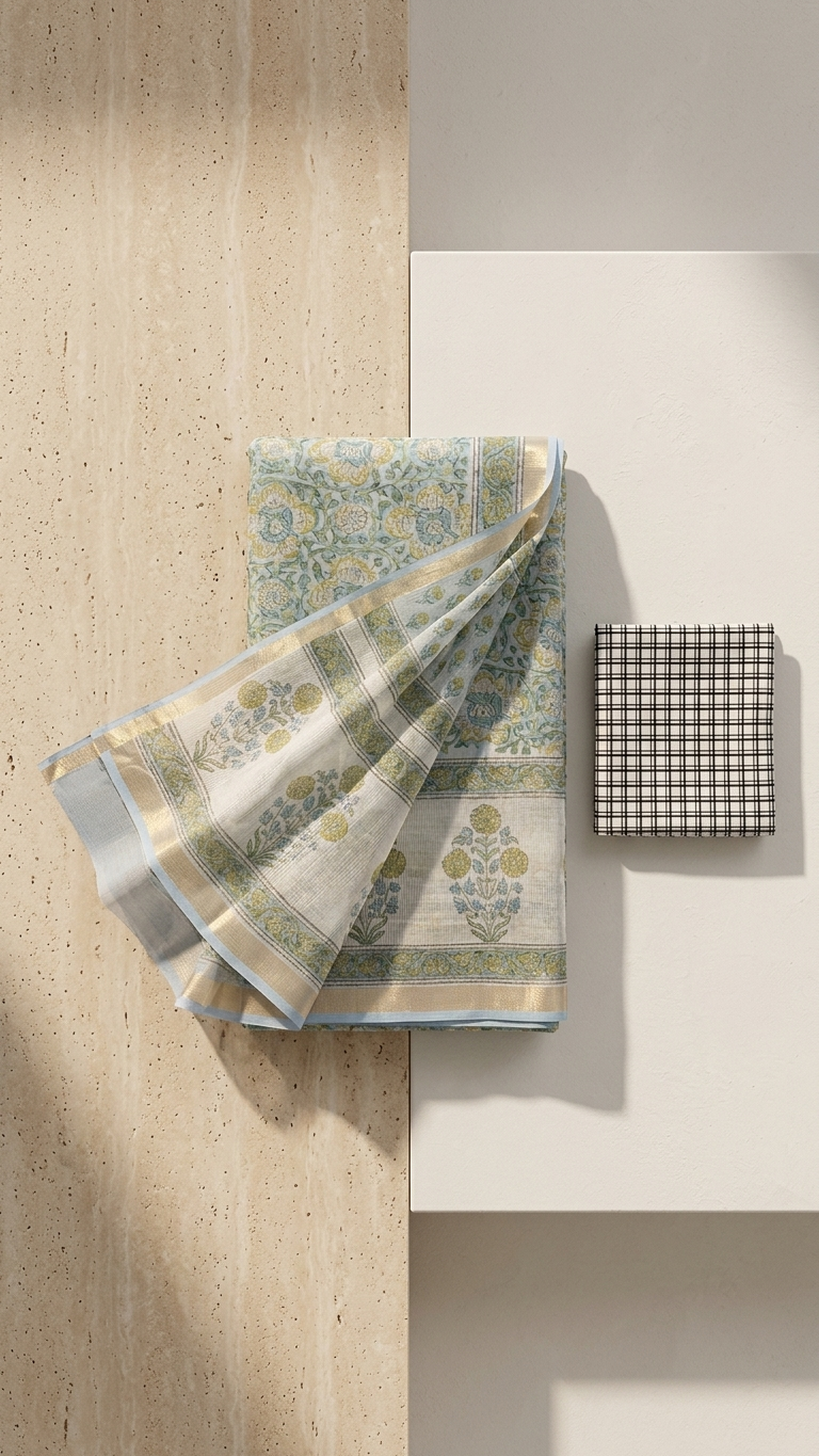 Ivory Kora Cotton Saree | Hand Block Printed Floral Boota