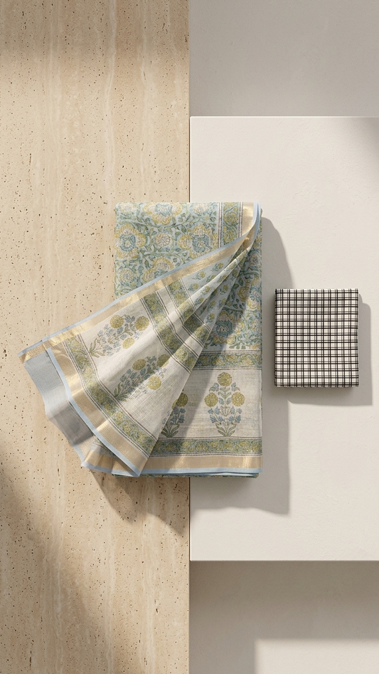 Ivory Kora Cotton Saree | Hand Block Printed Floral Boota